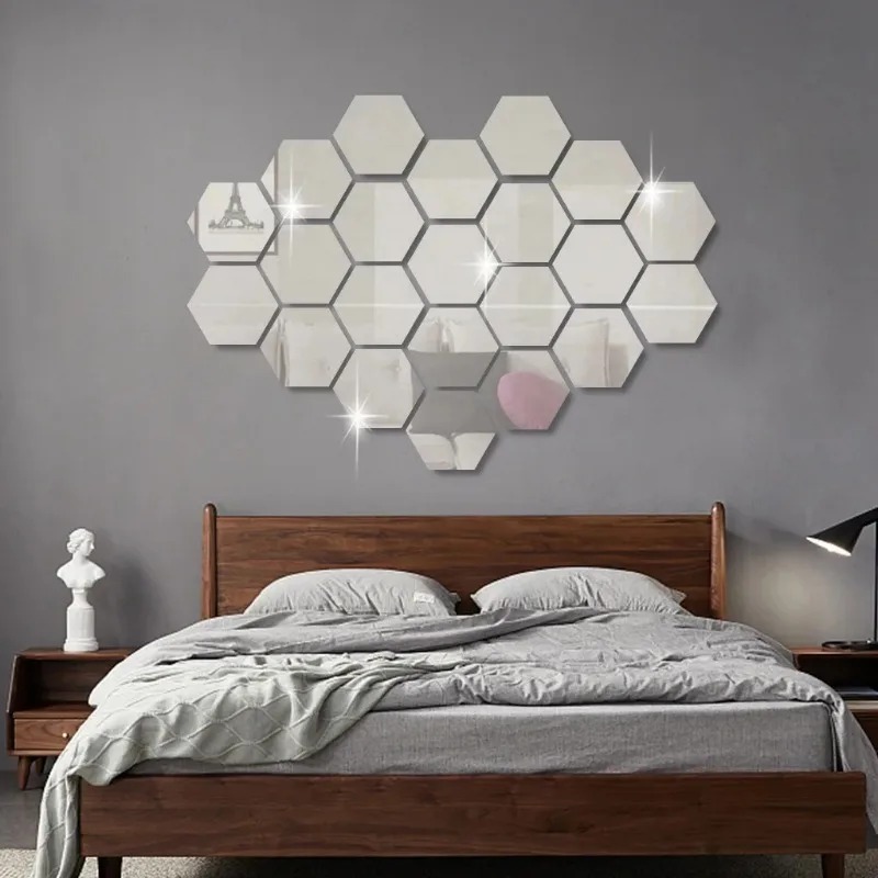 12 Uds. Pegatinas de pared de espejo hexagonal, autoadhesivas, pegatinas de pared removibles, azulejos de mosaico dorados y plateados, calcomanías para decoración del hogar y dormitorio