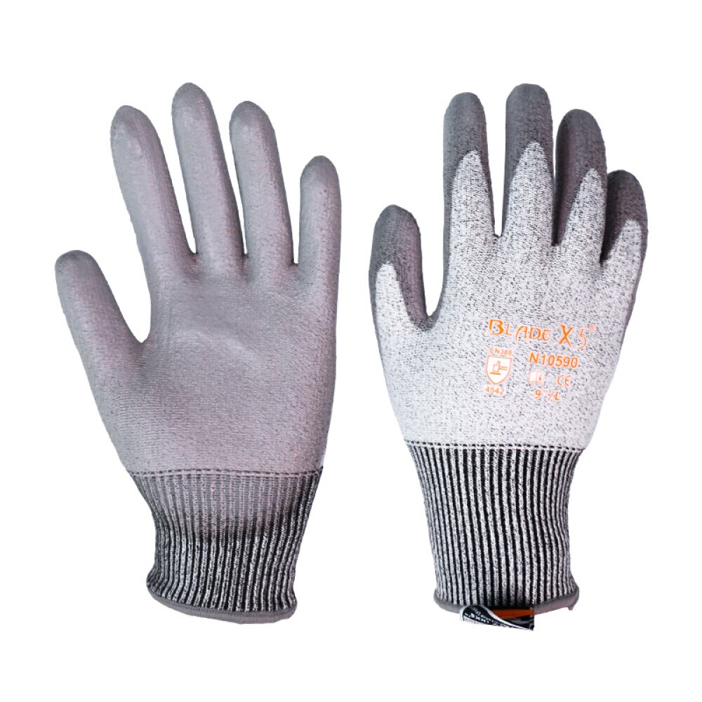 Guantes de trabajo resistentes a Cortes, Nivel 5, recubiertos de PU, calibre 13 para uso general. Potencia de agarre Superior en ambiente aceitoso y húmedo