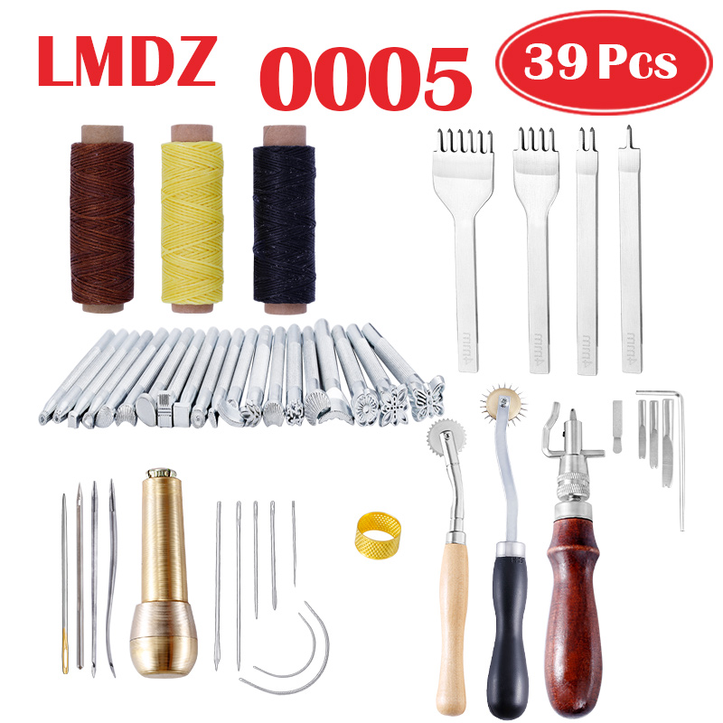 Leren naaiset, 32 stuks, lederbewerking, gereedschapsset met 8 kleuren, leer, wasdraad, leer, naalden, priem, schaar, vingerhoed, meetlint, leergereedschap, set voor beginners en professionals, voor