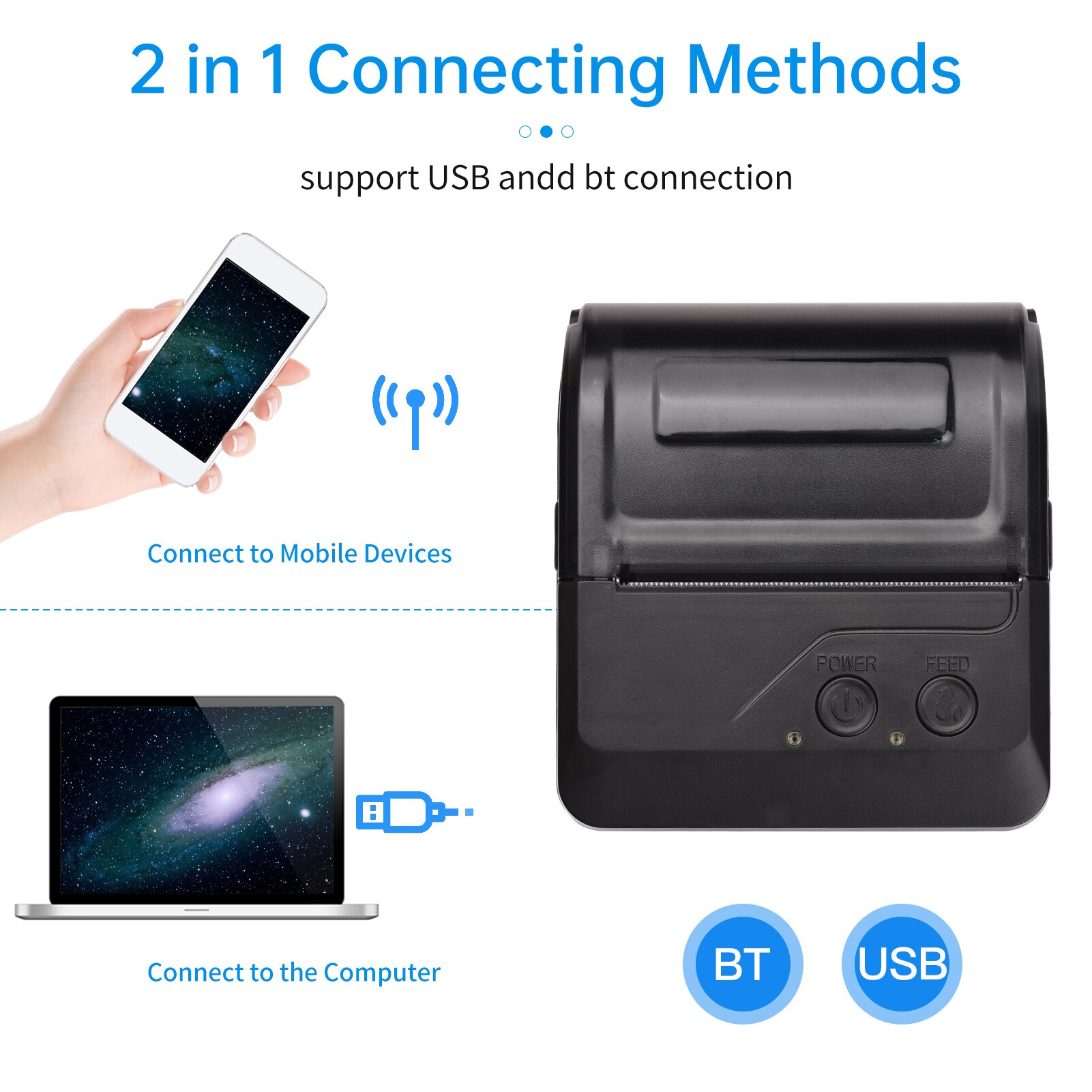 Portable BT 80mm Thermal Receipt Printer Personal Mini Bill POS Mobile Printer with Rechargeable Battery Support ESC/POS