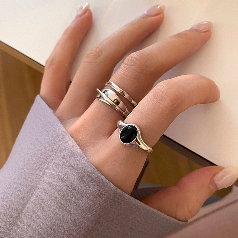 Anello da dito aperto in argento 925 pietra nera multistrato Punk geometrico impilabile per le donne ragazza gioielli regalo Dropship all'ingrosso
