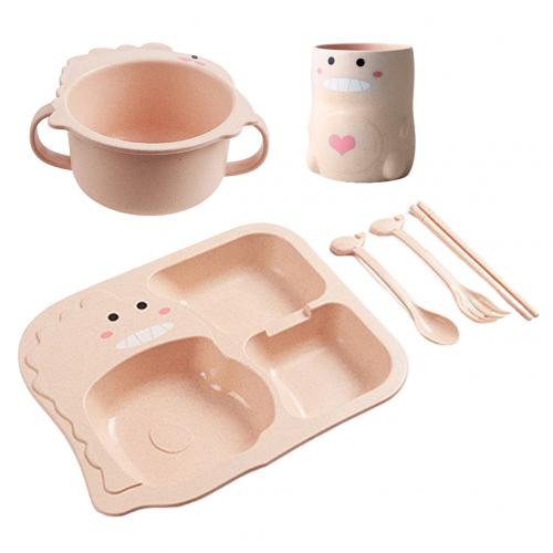 6 Piece Set Baby Dinosaur Tableware Children's Dinner Plate Grid Home Cartoon Feeding Dishes: Beige A