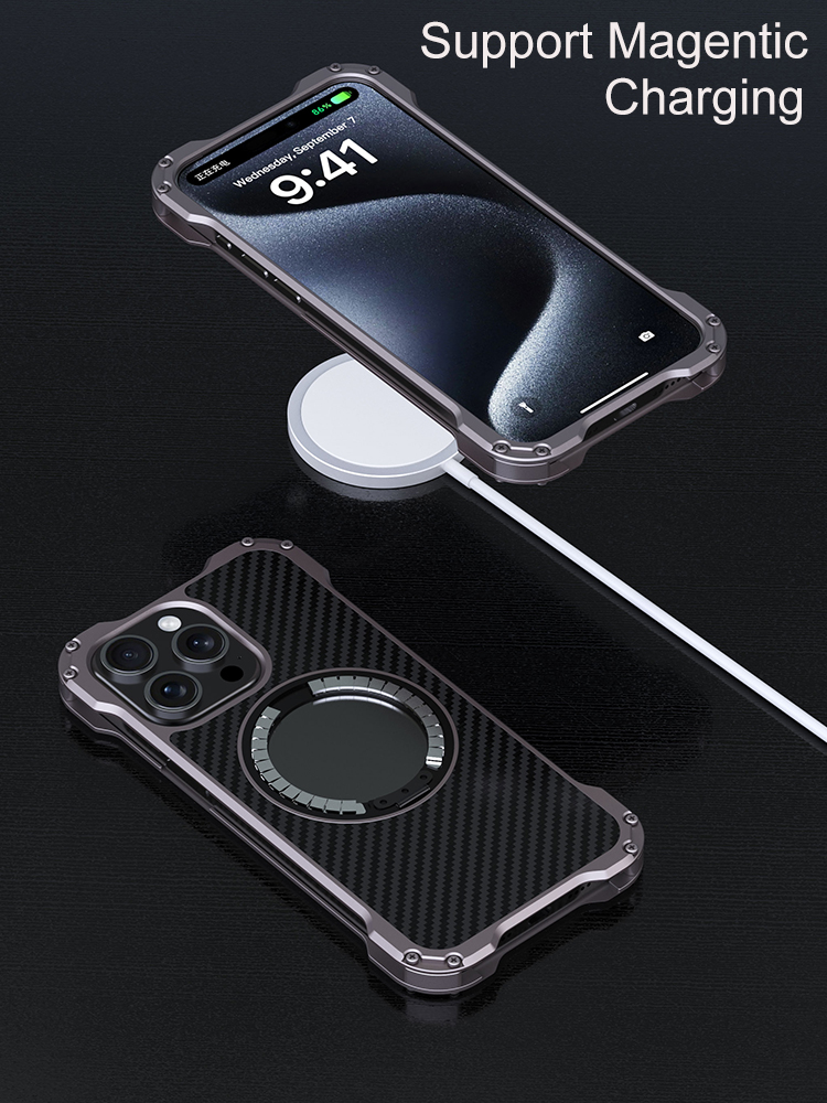 R-just Metal Carbon Fiber Case For Iphone 15 16 14 13 Pro Max Cover Lightweight Aluminum Alloy Funda Coque Built-in Holder Ring
