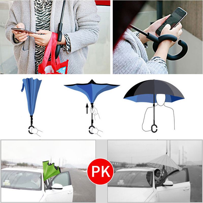 Windproof Reverse Folding Umbrellas Double Layer Inverted Umbrella C Handle Stand Rainy And Sunny Women Men