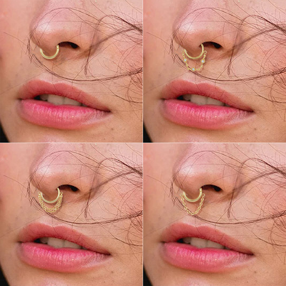 1Pc Roestvrij Staal Eenvoudige Septum Piercing Neus Ringen Vrouwen Oorringen Met Ketting Goud Kleur Tragus Toren Oor Piercing Sieraden