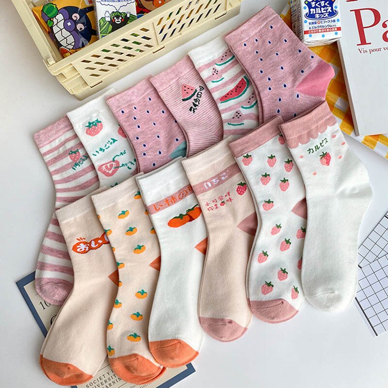 Fruits chaussettes drôles fraise pastèque Orange mignon chaussettes femme Harajuku Skarpetki heureux 12 Style Calcetines Divertidos