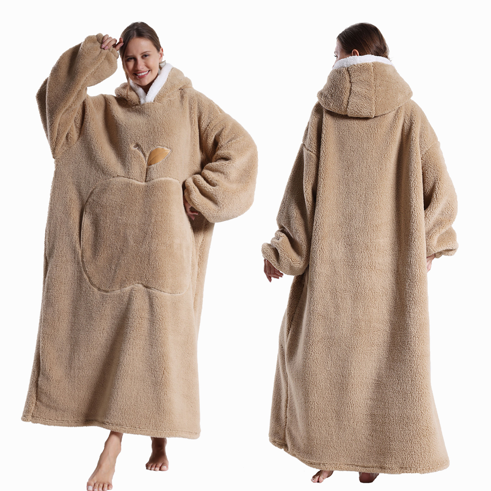 Suéter con capucha de invierno para mujer, manta polar de gran tamaño con mangas, Bolsillo grande, Sudadera con capucha de TV gruesa y cálida, bata para pareja: Rosa