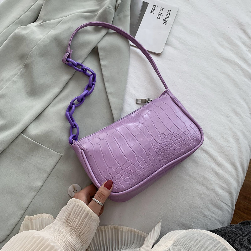 Krokodille mønster baguette håndtaske til kvinder slik farve kæde damer små skuldertasker læder armhule taske: Lilla
