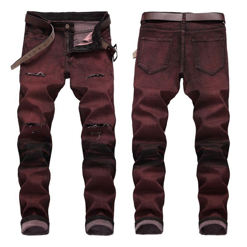 Mannen Slim Stretch Jeans Biker Gat Gescheurd Cowboy Broek Mannelijke Rode Wijn Broek: 38