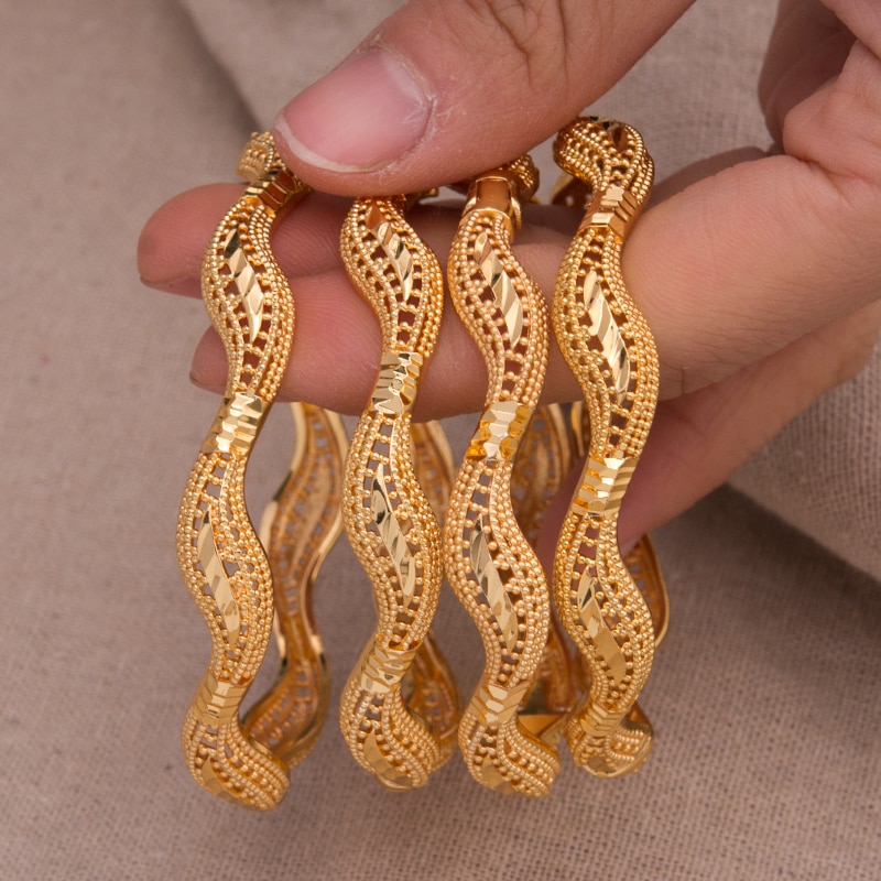 24K 4 stücke biegen Ethnische Gold Farbe Dubai Armreifen Ethnischen Hochzeit Luxus Armreifen & Armbinde Frauen Mädchen Braut Manschette dubai Armreifen