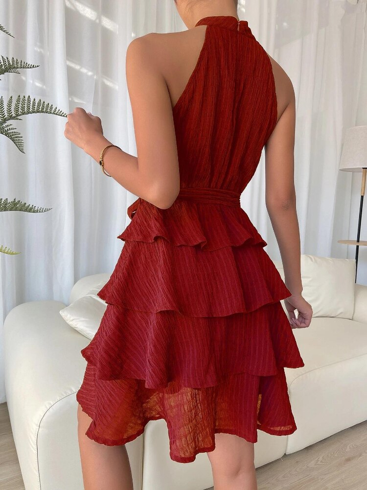 Vestido corto femenino de verano sin mangas con cuello cuadrado y cremallera, traje suave con volantes y hombros descubiertos para mujer, a la , novedad