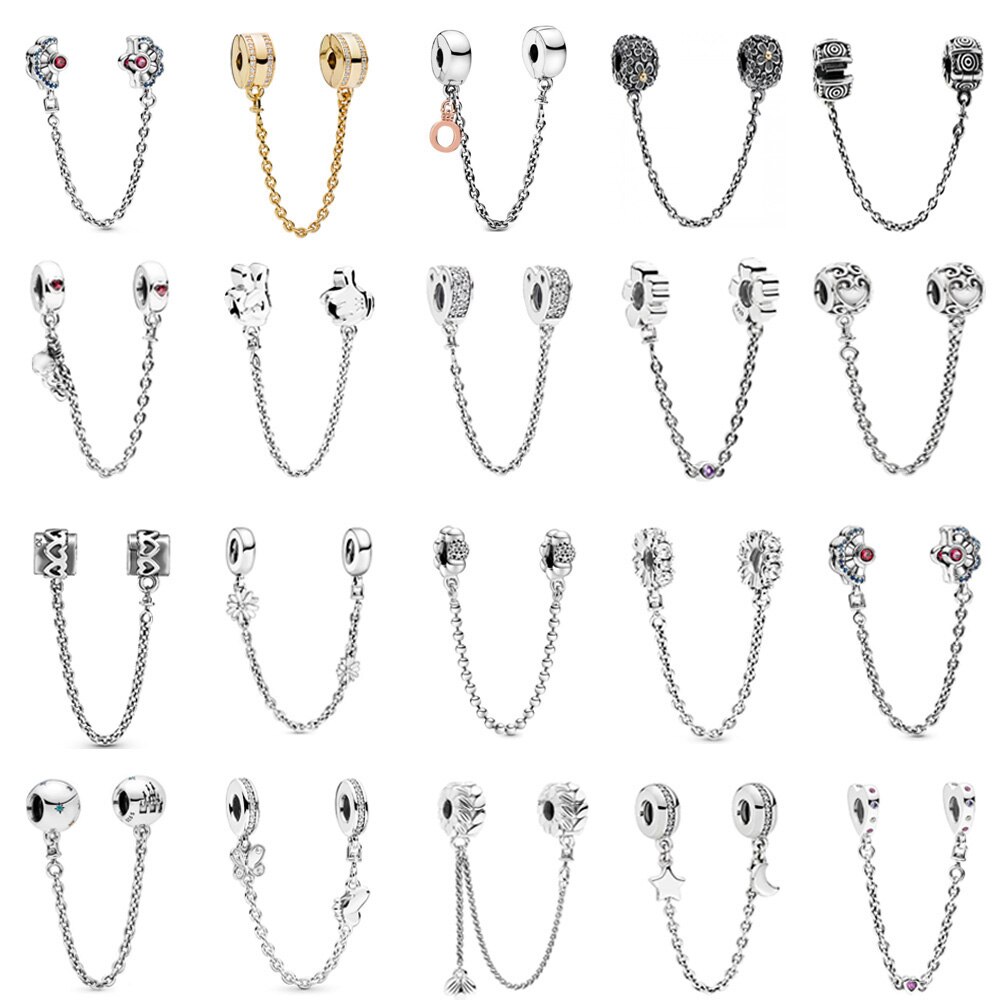 Original 925 sterling silver bead charm star safety chain rose gold suitable for brand female bracelet DIY jewelry