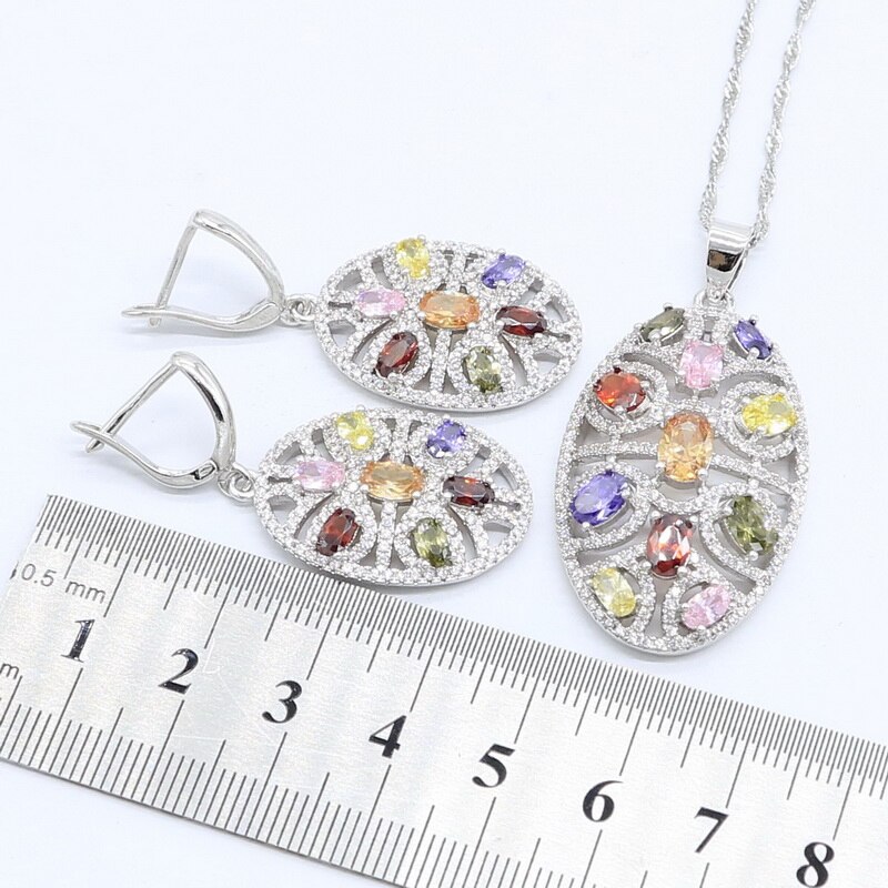 Sølvfarvede bryllupssmykker flerfarvede sten cubic zirconia smykkesæt til kvinder øreringe/vedhæng/halskæde/ring/armbånd