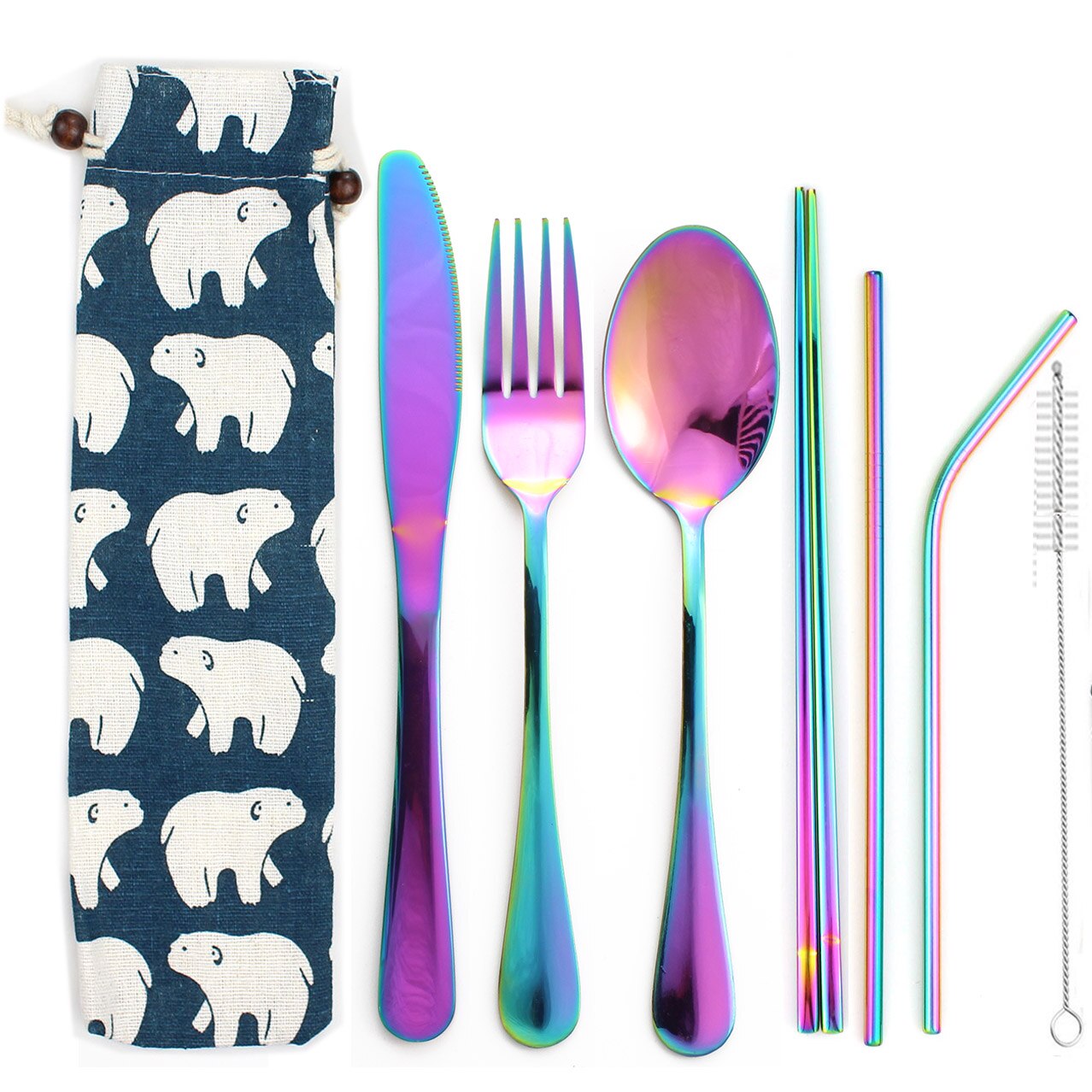 Couverts arc-en-ciel colorés 8 pièces/ensemble | Service de vaisselle Portable, vaisselle réutilisable avec paille en métal, cuillère fourchette, étui à baguettes: Rainbow6