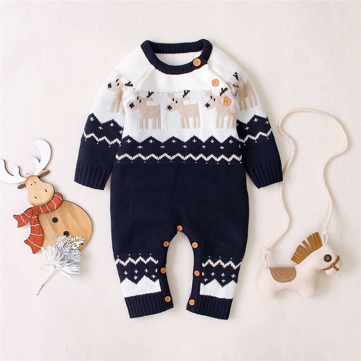 Infant Christmas Romper Babies Long Sleeve Elk Printed Pattern Round Collar Jumpsuit for Boys and Girls Baby Christmas Clothes