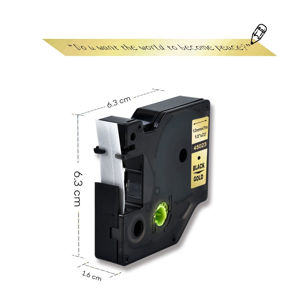 45023 Compatible Dymo D1 Black on Gold 12mm Label Tape Label Ribbons Printer Ribbon for Dymo Label Manager 160 280 210