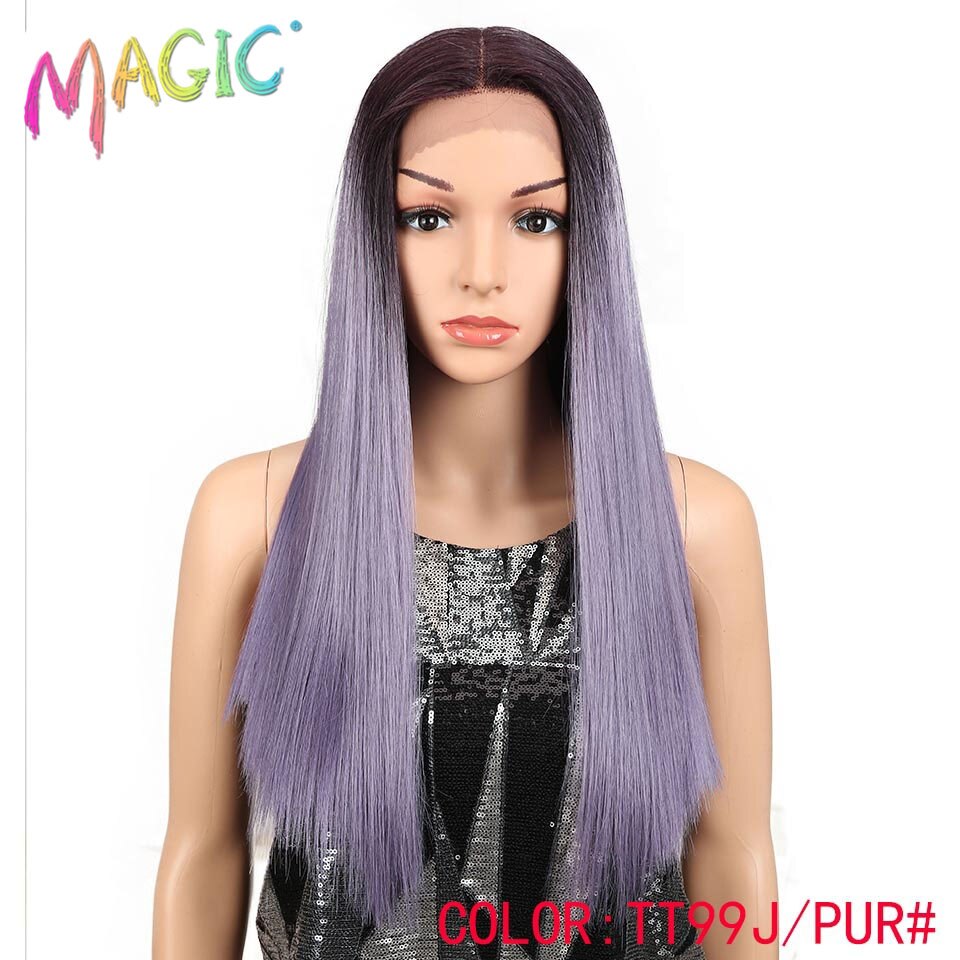Cabelo mágico 20 "Polegada peruca dianteira do laço do cabelo reto sintético natural linha fina resistente ao calor parte do meio do cabelo da fibra para preto: TT99J-PUR