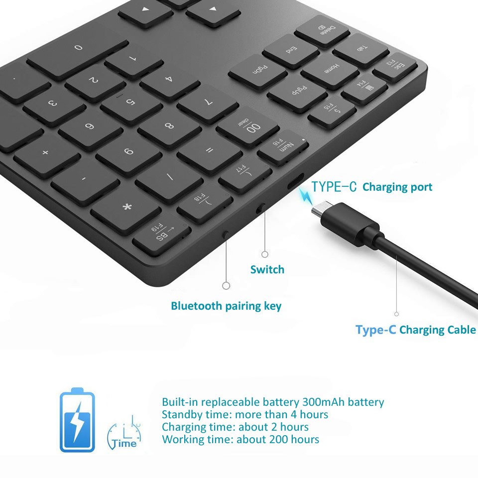 Teclado numérico inalámbrico con Bluetooth 5,0, teclado Digital de 35 teclas para cajero de cuentas, Windows, IOS, Mac OS, Android, PC, tableta y portátil