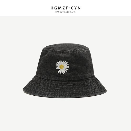 Ins koreansk daisy broderi spand hat kvinder mænd panama sommer solhat blomst bob vasket denim fisker hat: Sort