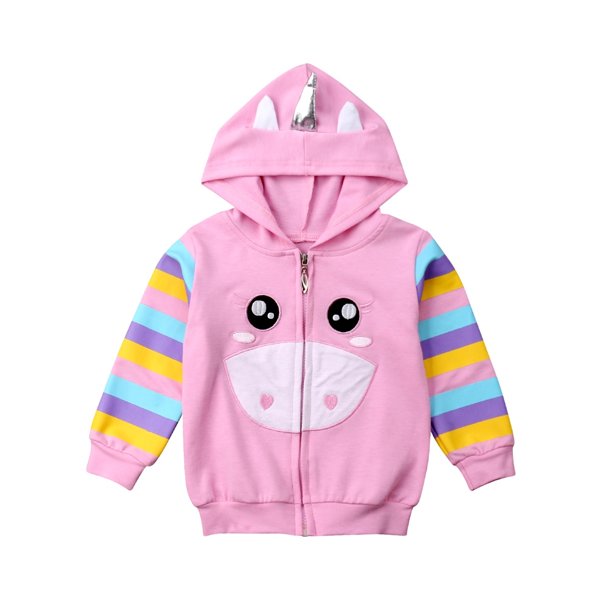Niños pequeños de primavera, niñas, Tops con capucha de unicornio, chaqueta con cremallera y capucha de manga larga a rayas, abrigo, sudadera, ropa