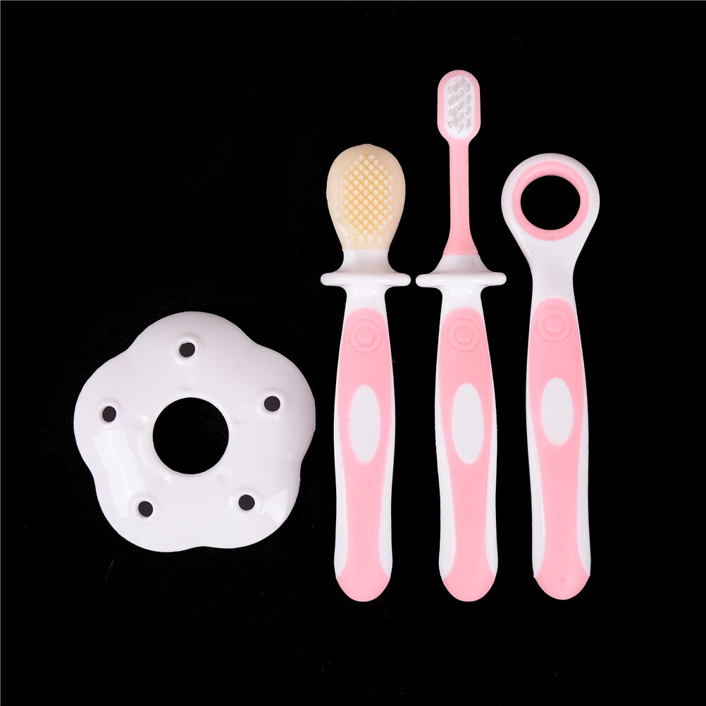 Cuidados com os dentes da criança escova de dentes de silicone bebê macio dobrável mordedor formação escova de dentes para crianças 3 pçs: Rosa