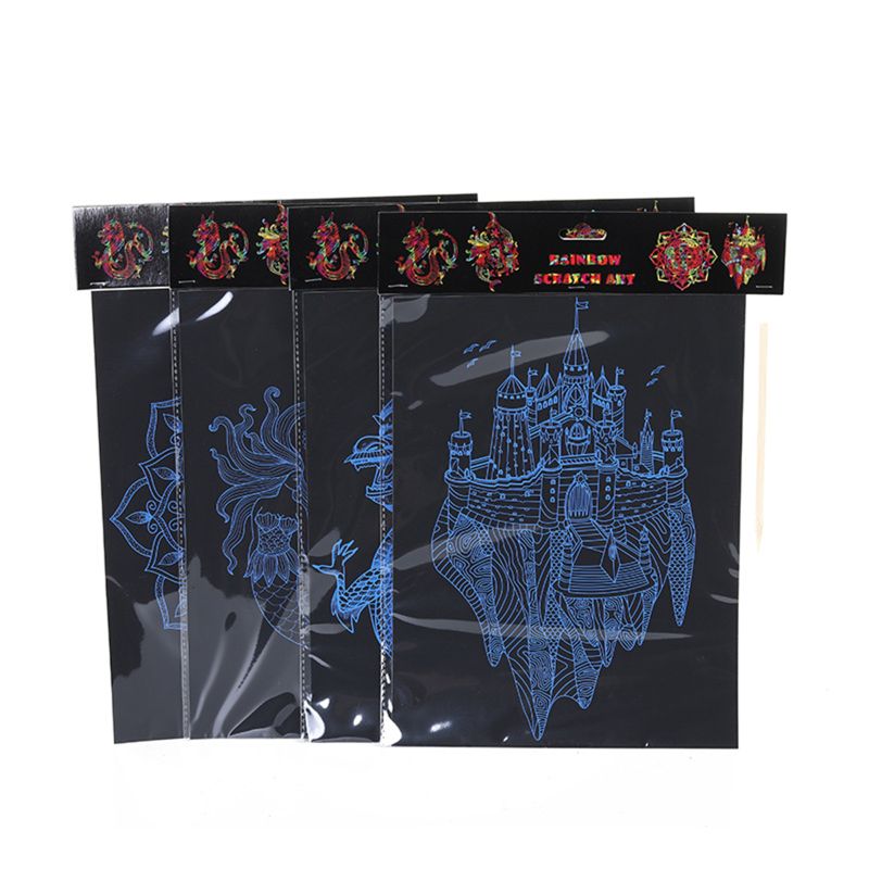4 Stuks 11 "X 8" Scratch Papier Kunst Set Voor Kinderen Scratch Off Arts Black Scratch Off Art voor Kids Jongens Meisjes