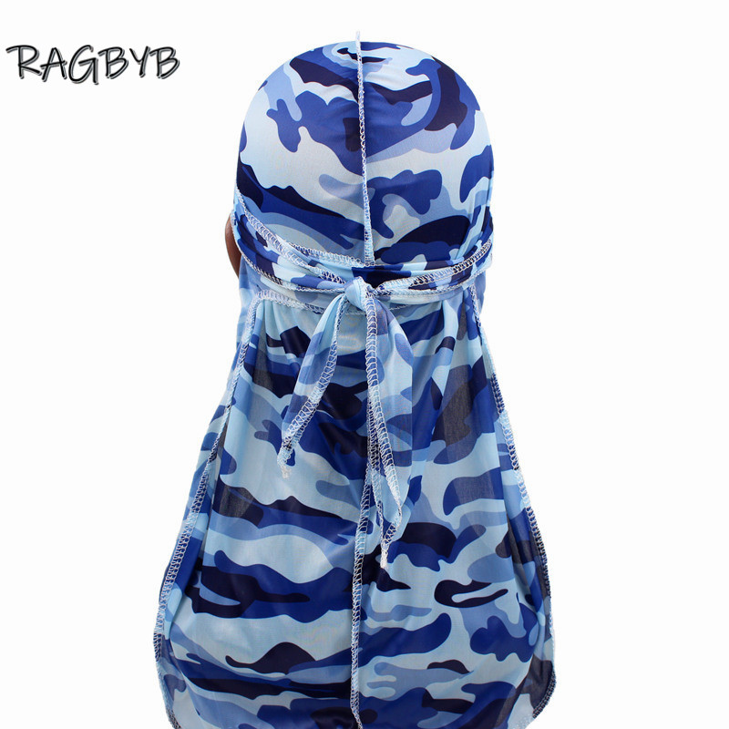 Nuevas pañuelos Durag de seda con estampado de camuflaje para hombres, Durags sedosos, gorro ondulado de cola larga, pañuelo para la cabeza, sombrero para mujer, diadema Durag: Azul