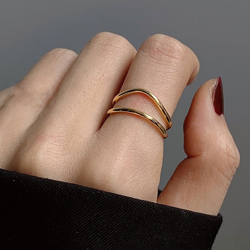 Foxanry INS 925 Sterling Silver Rings for Women Trendy Simple Double-layered Geometric Wedding Bride Jewelry: Gold Double layer