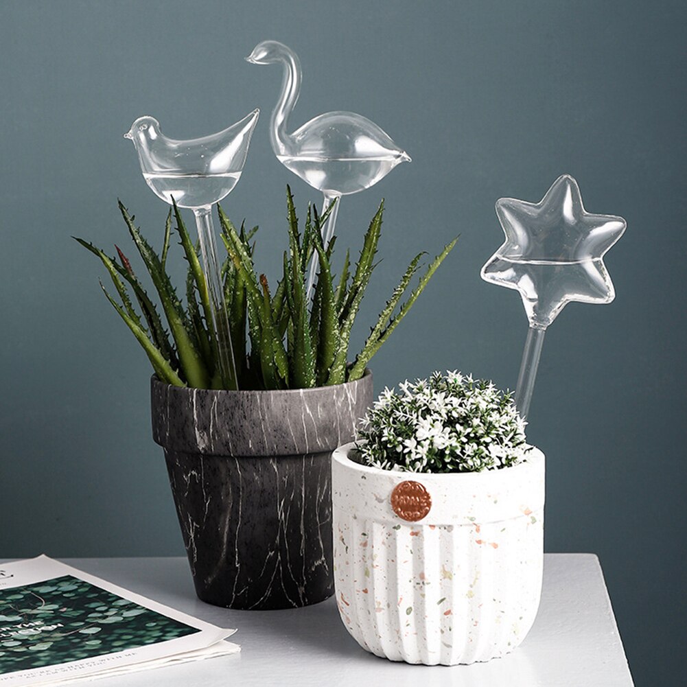 4 Types Glass Plant Flowers Water Feeder Automatic Self Watering Devices Bird Star Heart Plant Waterer