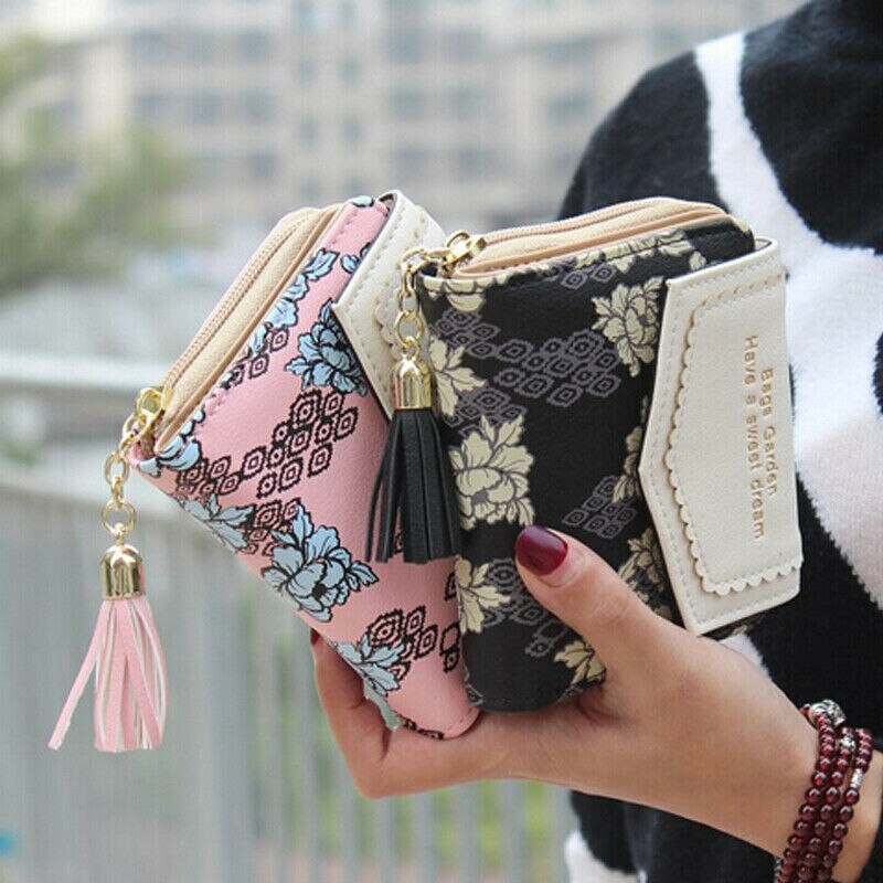Söt handväska läder kort tofs dragkedja plånbok myntkorthållare mjukt läder telefonkort kvinnlig koppling