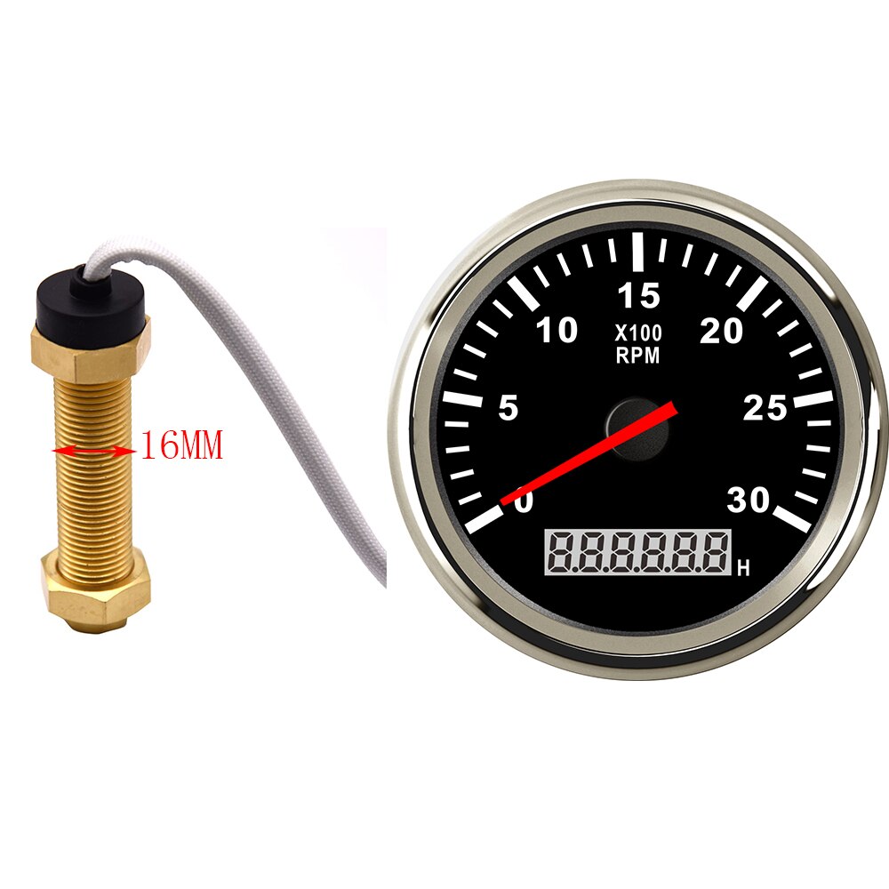 85MM Gauge with Tacho Sensor M16 for Gasoline Diesel Engine Tachometer 3KRPM 4KRPM 6KRPM 8KRPM With Hourmeter Red Backlight: 3KRPM BS M16