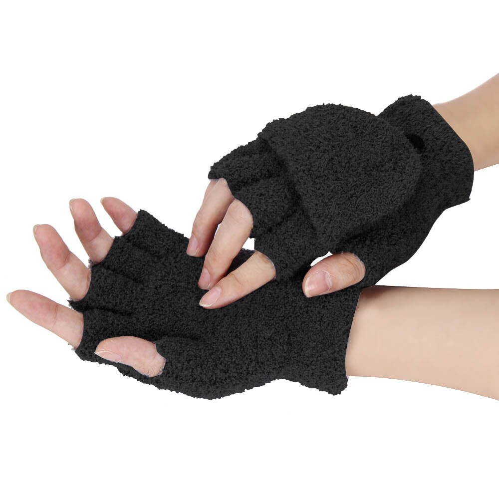 Winter Warm Verdikking Wollen Handschoenen Gebreide Flip Vingerloze Flexibele Blootgesteld Vinger Dikke Handschoenen Wanten Mannen Vrouwen Handschoen: Black