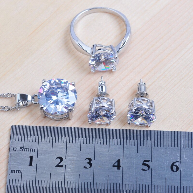 Ensemble de bijoux de mariage classiques pour femmes, rond, blanc, cubique, pendentifs, collier, boucles d'oreilles, bague