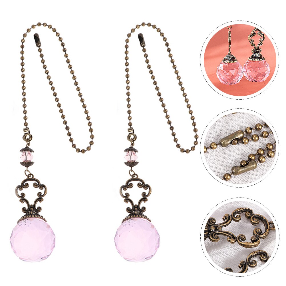 2Pcs Crystal Ceiling Fan Chain Unique Light Hanging Adorn Crystal Decor: Pink