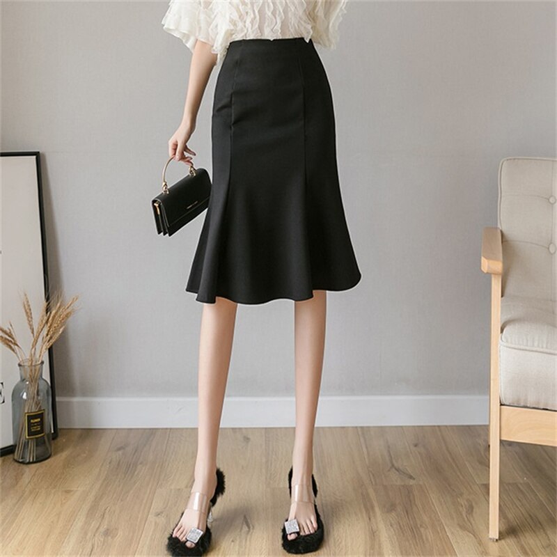 Jupe sirène élégante pour femmes, taille haute, tenue de bureau décontractée, verte, noire, Midi, tout assorti, I150