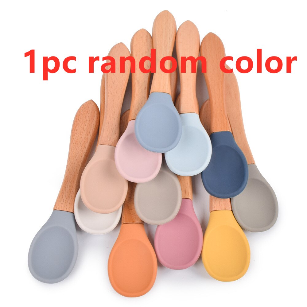 Baby Zachte Siliconen Lepel Snoep Kleur Veiligheid Baby Leren Houten Lepel Antislip Lepel Kinderen Kids Jongen Meisje Voedsel voeden Gereedschap: 1pc random color