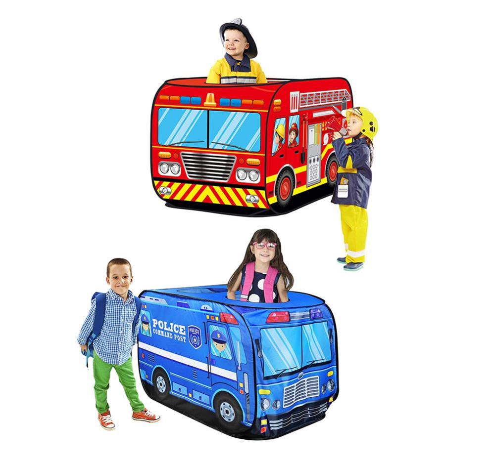 Børn telt børn pop op leg telt legetøj sammenfoldeligt legehus klud brandbil politibil spil husbus