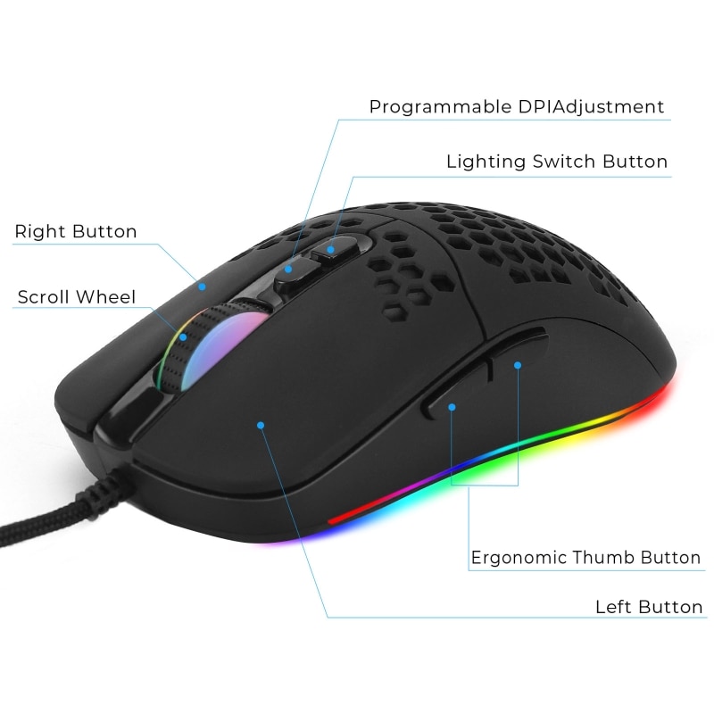 7200DPI USB Wired Mouse Optical Gaming Honeycomb Shell Mice RGB LED Backlight