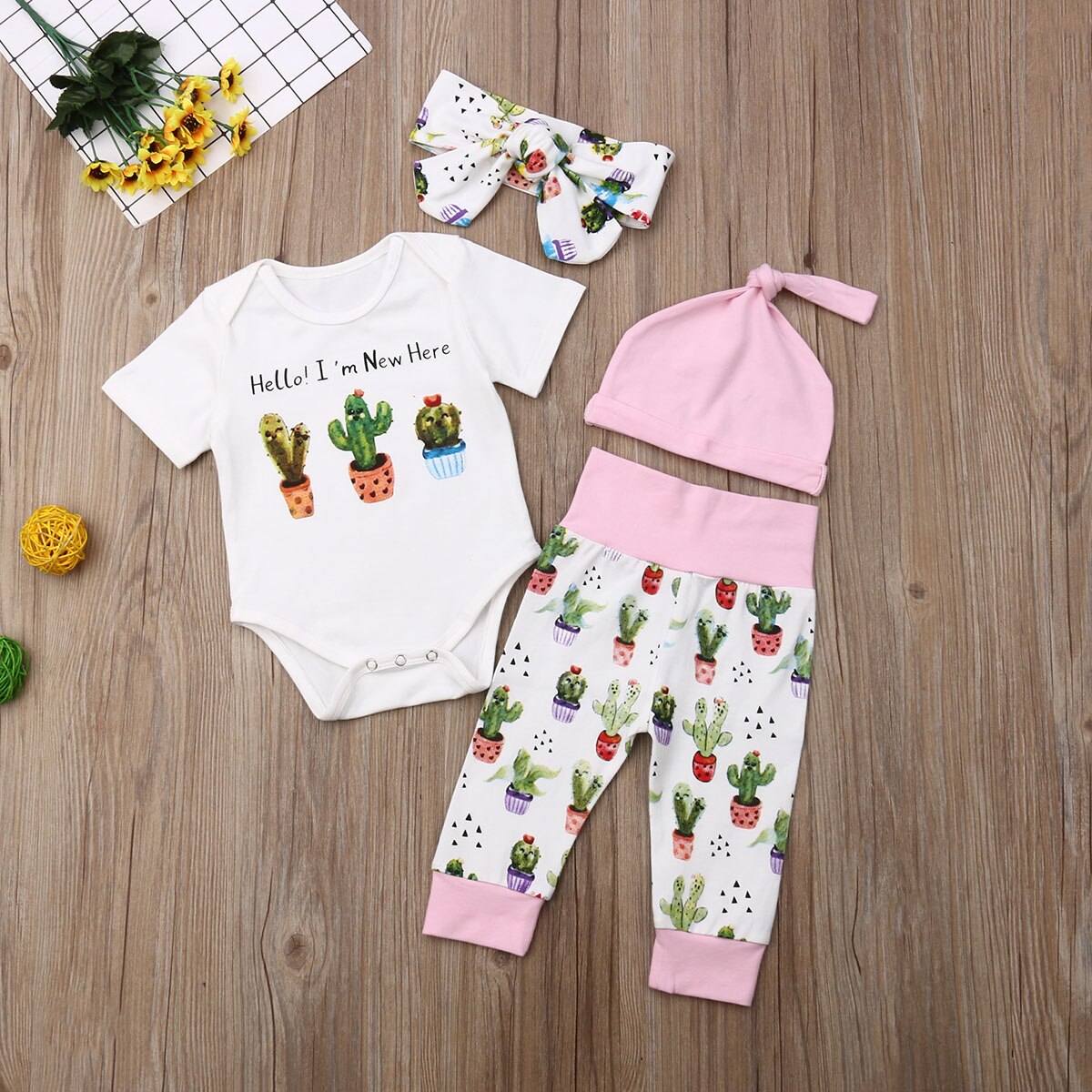 Baby Zomer Kleding Baby Kids Baby Meisje Jongen Kleding Cactus Print Korte Mouw Romper Tops + Broek + Hoofdband + hoeden 4 stuks Sets
