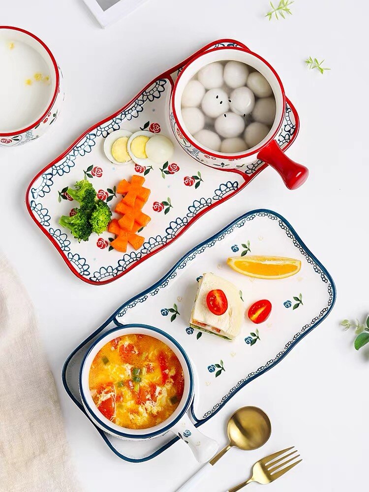 Ceramic dish Japanese breakfast dishes cutlery set one person tableware cute cherry breakfast plate oatmeal bowl