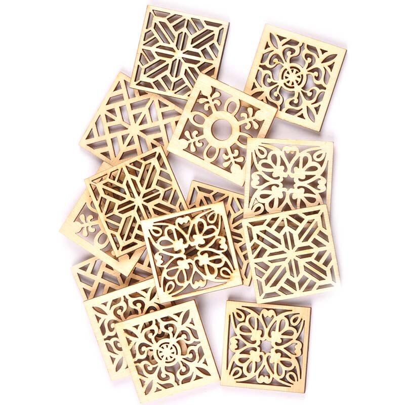 10pcs Hollow Mixed Flower Pattern Square Wood DIY Crafts Scrapbooking Wooden Embellishments Arts Wedding Display Decor M2523