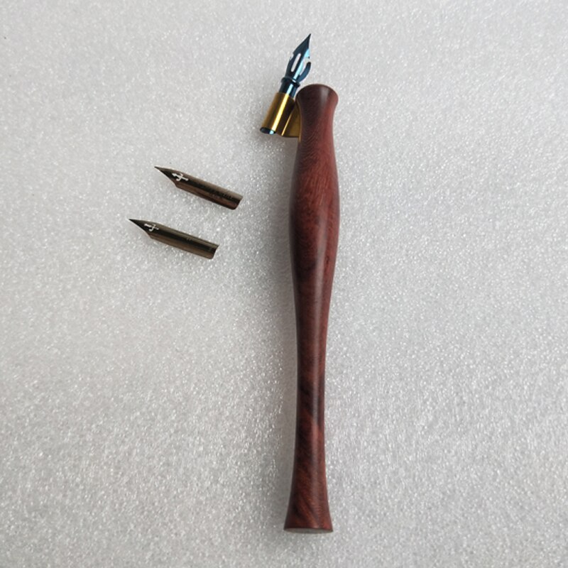 Handmade Solid Wood Oblique Calligraphy Copperplate Script Antique Dip Pen Set with 1 Pen Holder 3 Nibs Dip Pens
