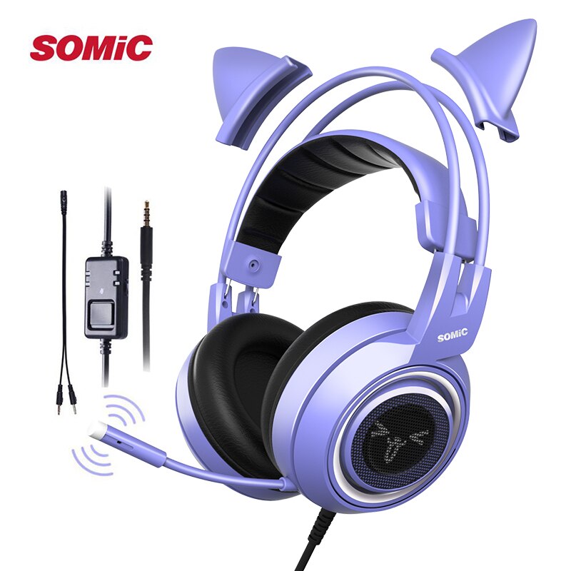 SOMIC Katze Ohr Kopfhörer 3,5 MM Spielen Headset mit Mic Lärm die Ermäßigung Stereo für PS4 PC Telefon Abnehmbare Frauen g951S Lila: G951s Violett