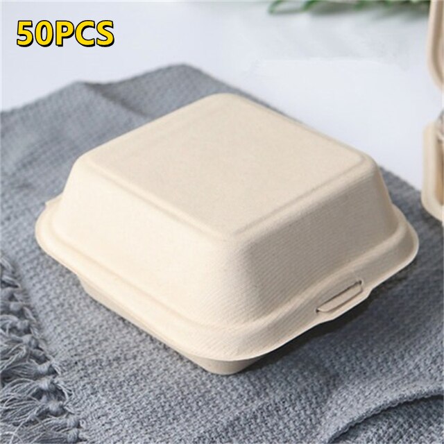 50Pcs Reusable Bento Box Food Containers Eco-Friendly Fruit Hamburger Dessert Cake Bento Box Microwavable Portable Lunch Boxes: 50PC Beige
