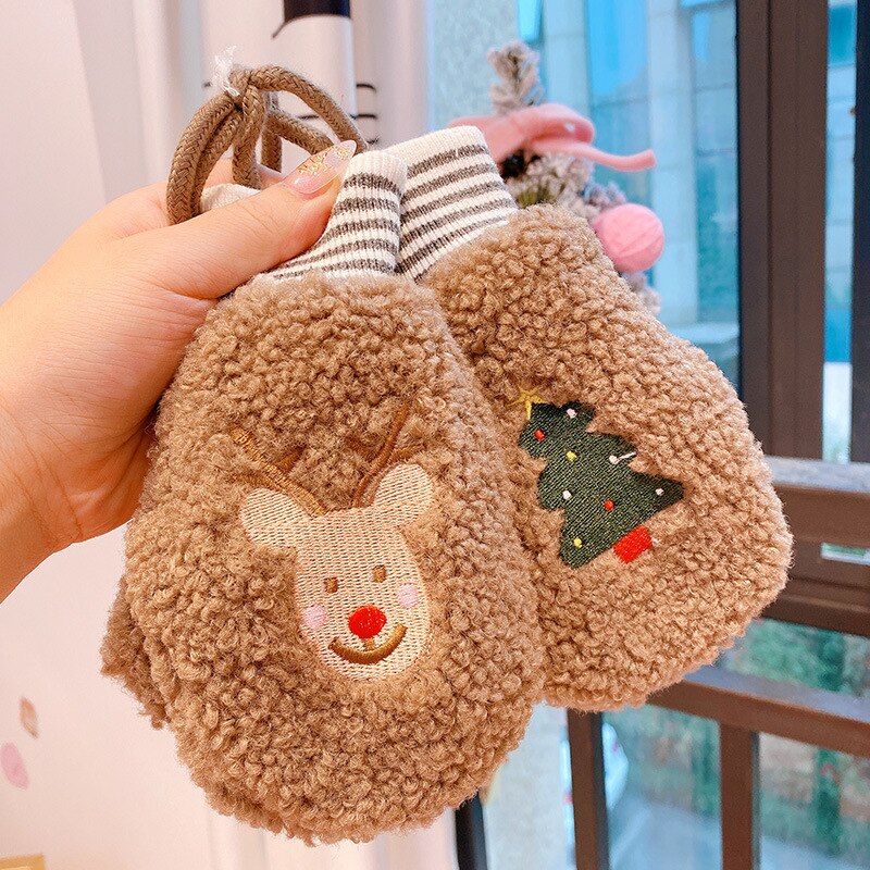 Zagęścić dzieci rękawiczki z wełny owczej zimowe utrzymać ciepłe dzieci kreskówki pluszowe futrzane pełne mitenki miękkie rękawiczki dla 4-8 lat: khaki