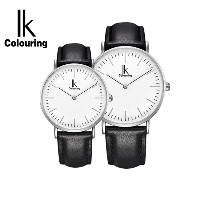 IK Colouring-relojes de cuero para parejas, reloj de pulsera de cuarzo, para parejas, unisex,: Black Silver