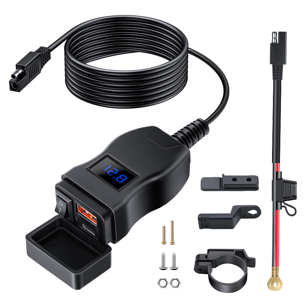 Anchtek Motorcycle USB Charger Waterproof Adapter 12V Vehicle-Mount Phone QC3.0 PD Port Quick ChargeWith Switch Moto Accessories: black