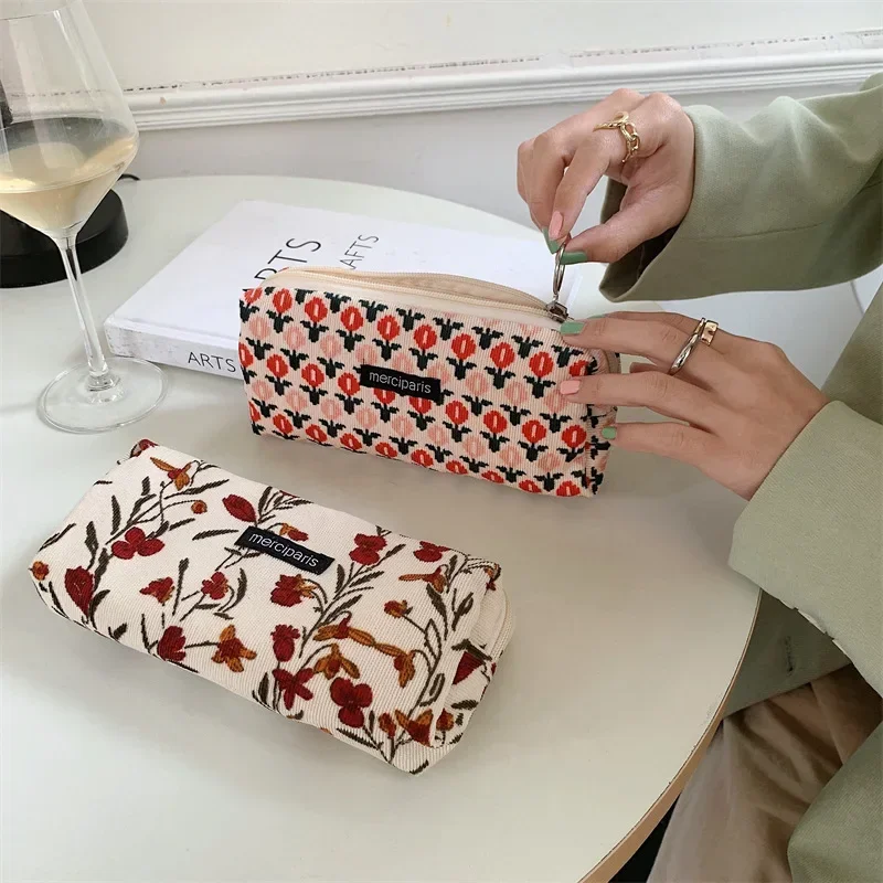 Women Corduroy Flower Cosmetic Bags Travel Brush Lipstick Storage Case Female Makeup School Stationery Pencil Cases