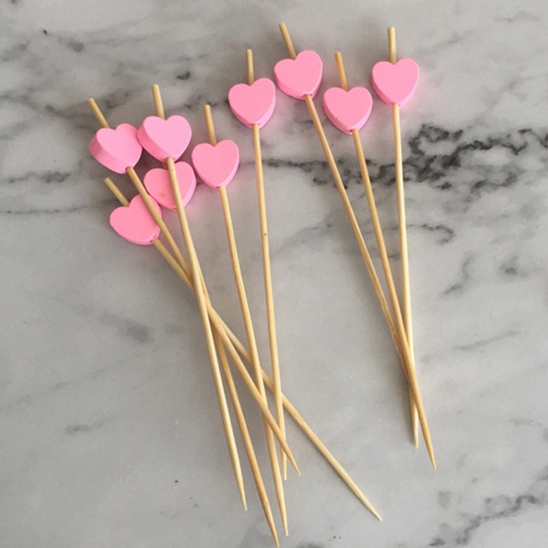 100 Pcs 12mm Love Fruit Sticks Disposable Platter Sushi Cocktail Snack Bamboo Sticks: 100pcs pink