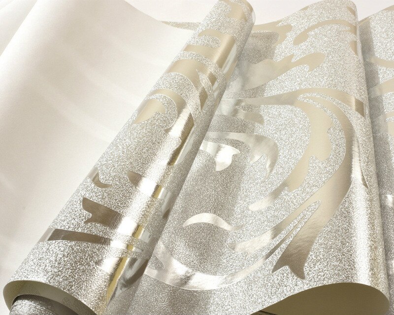 Gold foil wallpaper golden silver European-style ranunculus vetch leaf ceiling living room bedroom TV background wallpaper: Silver